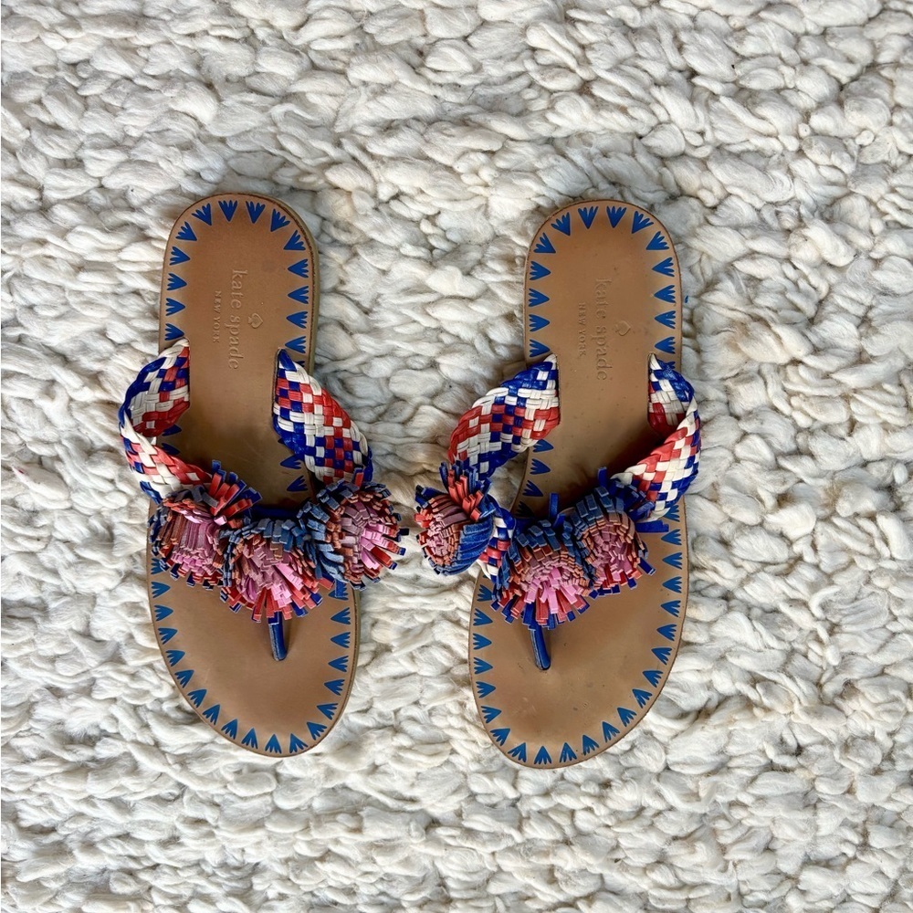 Kate Spade Idette Fringe Rosette Sandal Thong Garden Blue Sand Tangelo